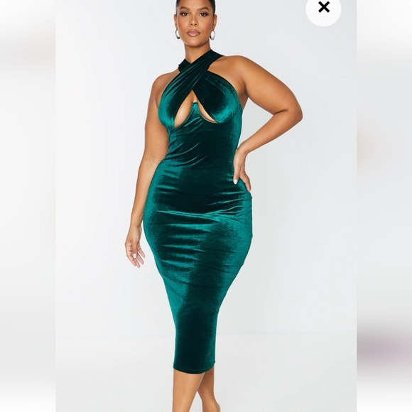 Plus Emerald Green Velvet Underwired Cross Front Midi Dress - Picture 5 of 6